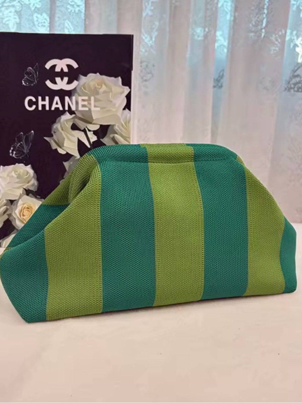 Green and Teal Striped Canvas Cosmetic Pouch